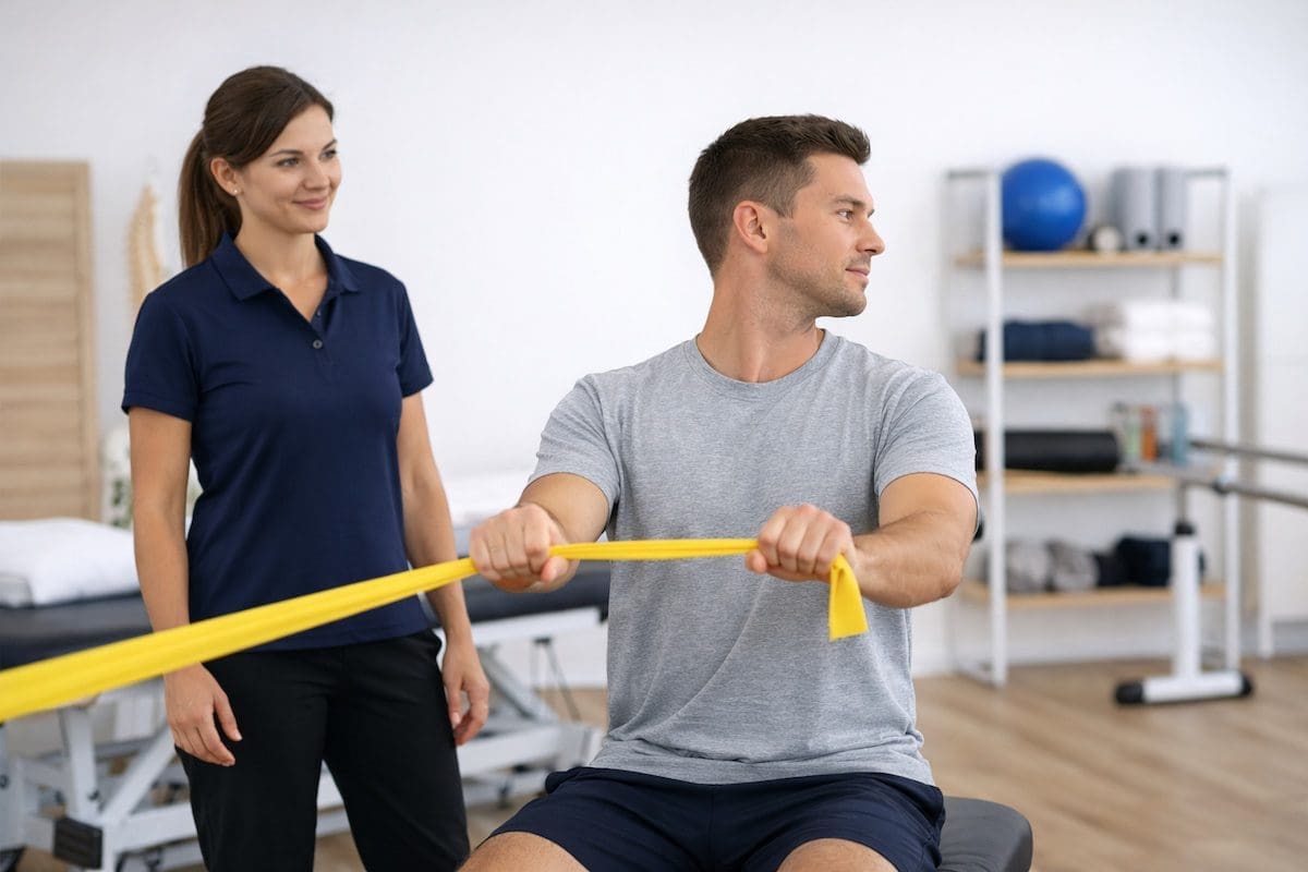 neck-physiotherapy-exercise-band-brisbane Guided neck physiotherapy exercise using resistance band for cervical rotation and strength