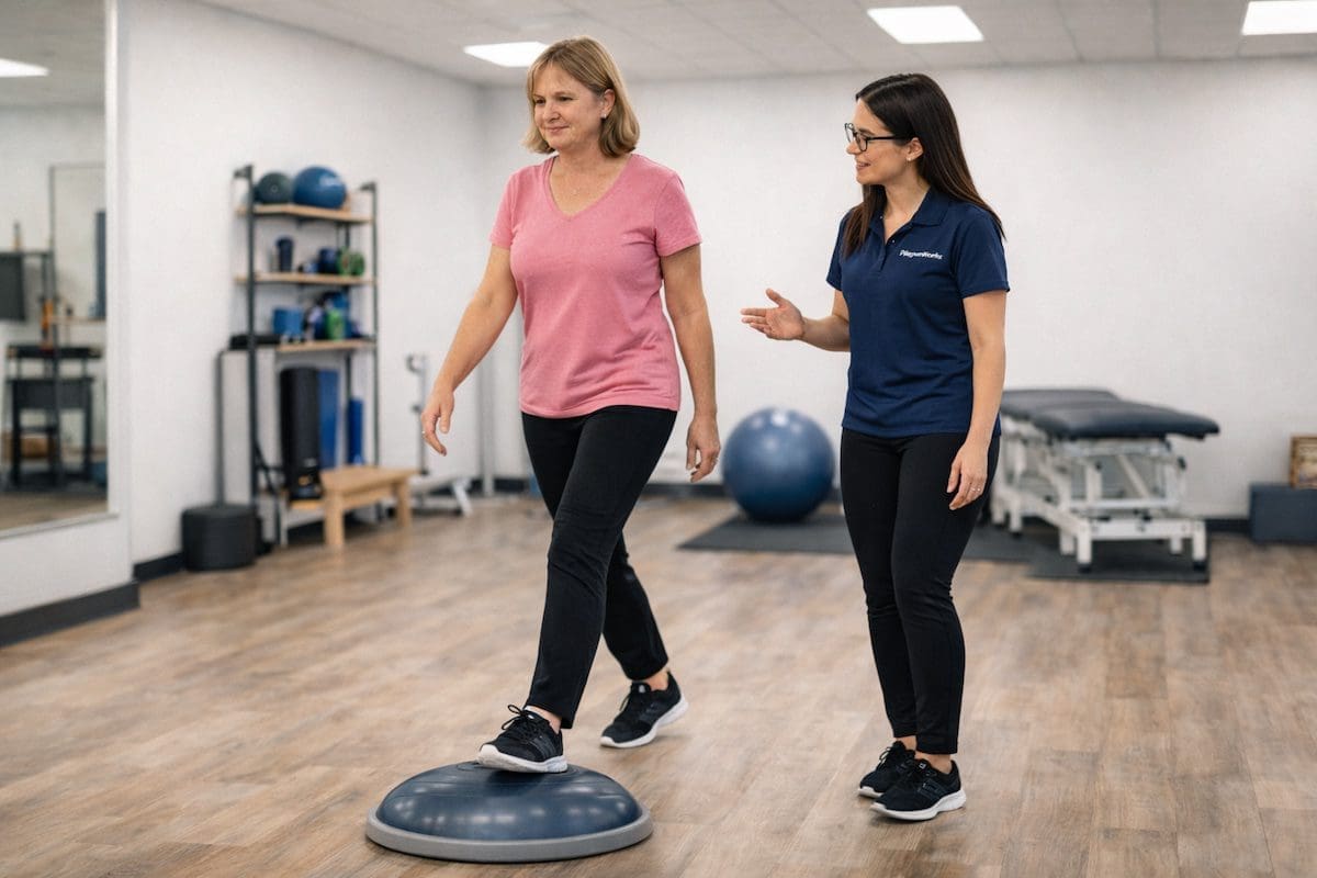 neuroplasticity-gait-training-exercise-physiology Neuroplasticity gait retraining and step practice with physiotherapist in rehabilitation clinic