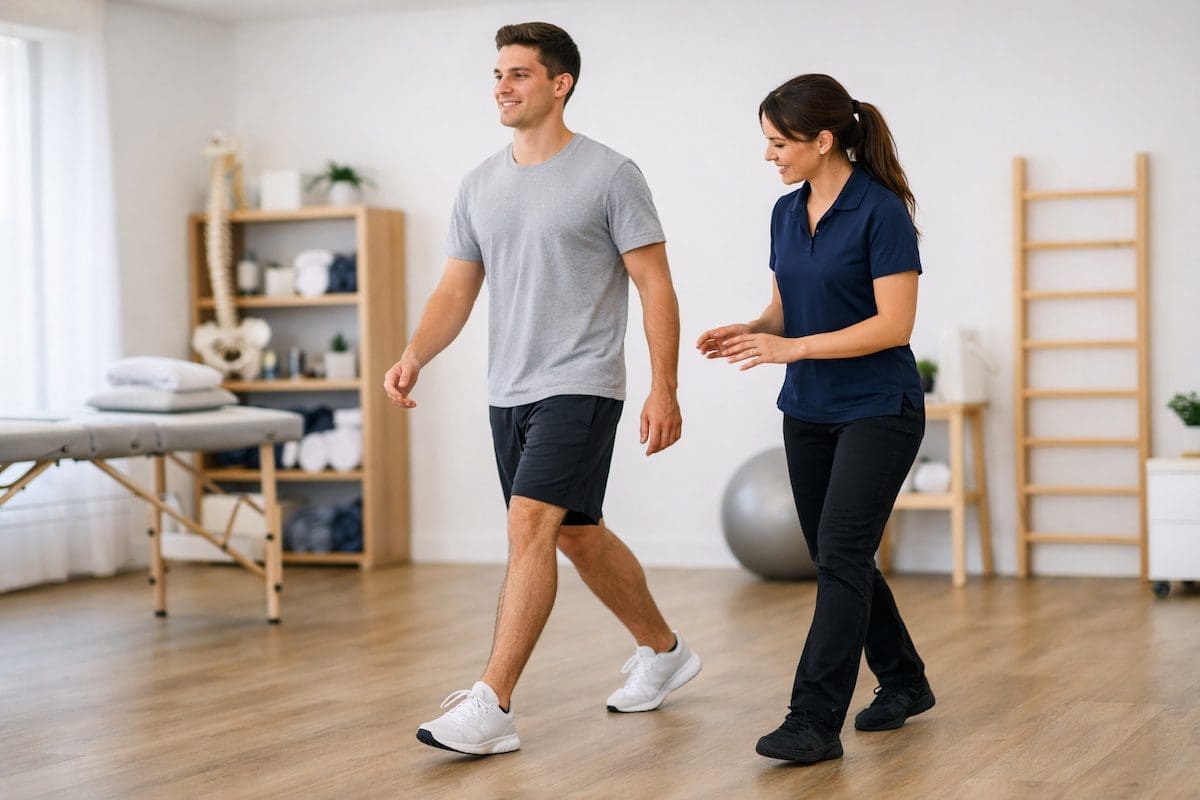 pain-free-walking-physiotherapy-recovery Patient walking comfortably with physiotherapist guidance during recovery session