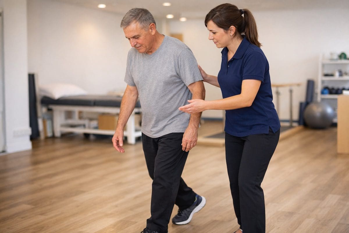 parkinsons-gait-training-physiotherapy-clinic Parkinson’s patient walking with physiotherapist guidance during gait retraining in clinic