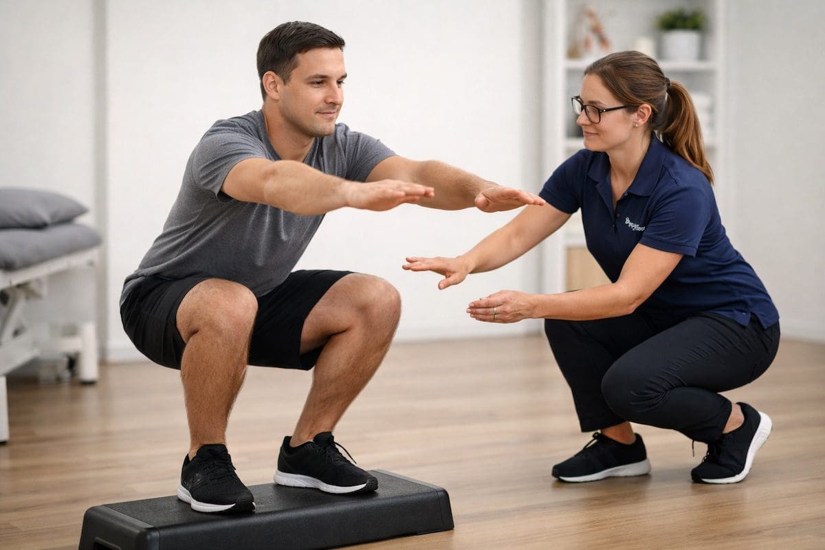 Patellofemoral pain syndrome squat rehabilitation with physiotherapist guidance