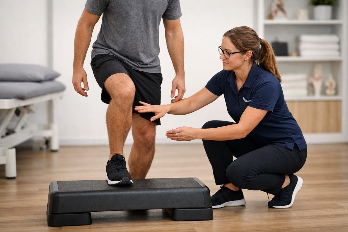 patellofemoral-pain-syndrome-step-down-knee-assessment Patellofemoral pain syndrome step-down knee assessment by physiotherapist