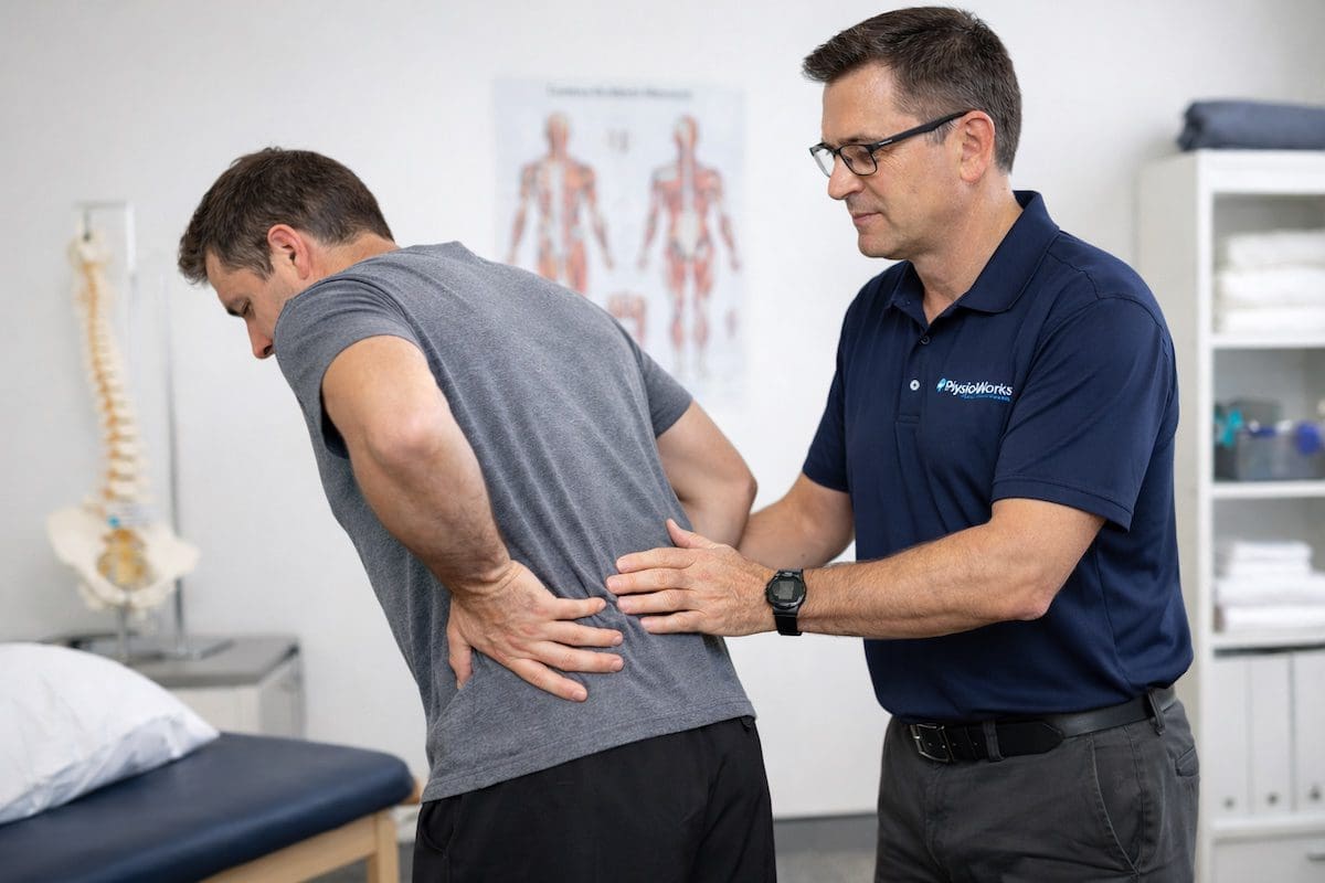 Physiotherapist assessing patient back pain and symptoms during clinical physiotherapy evaluation