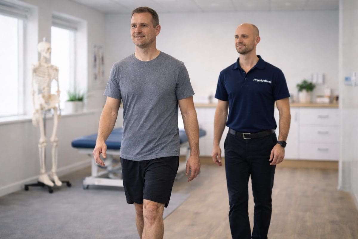 physiotherapy-recovery-walking-confidence Patient walking confidently after physiotherapy rehabilitation with improved posture and no visible pain