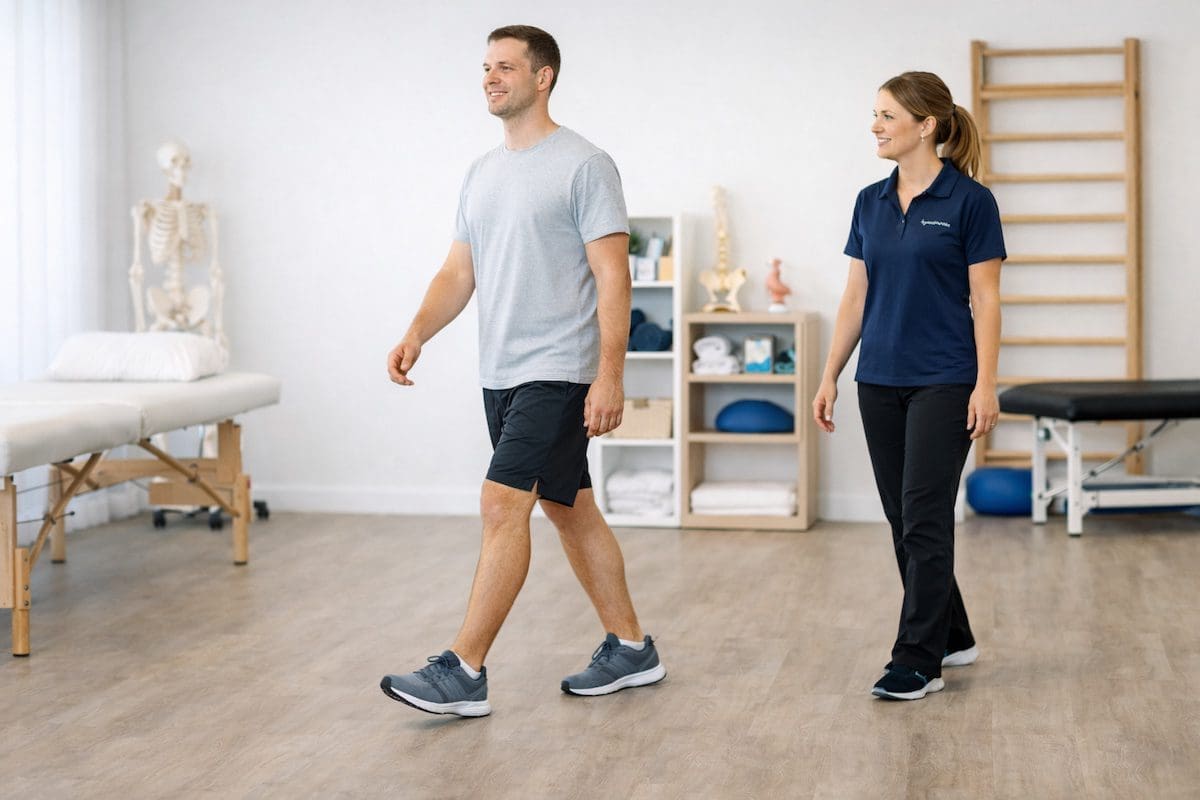 physiotherapy Brisbane recovery walking confidently with physiotherapist in clinic