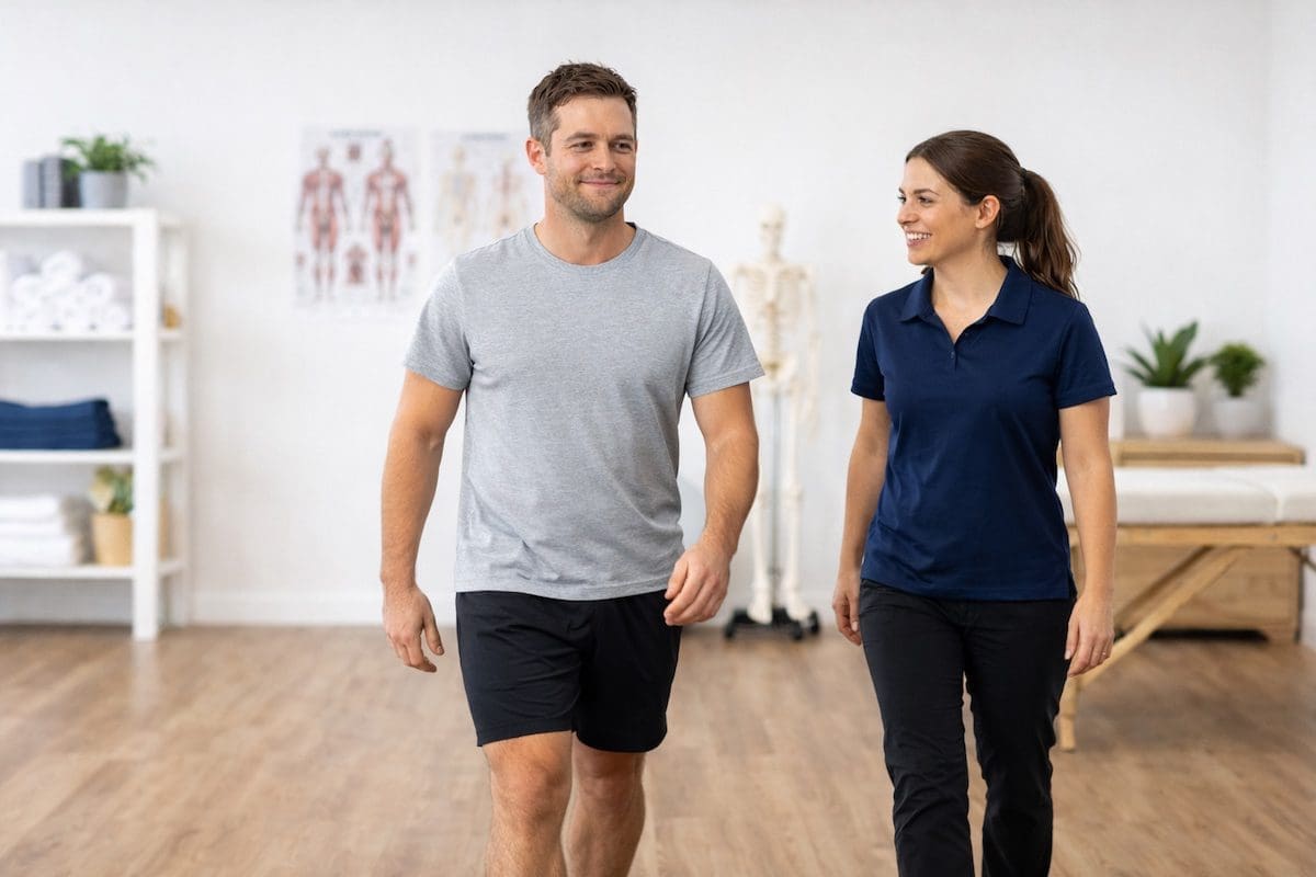 post-exercise-recovery-physiotherapy-brisbane Confident walking after post-exercise muscle soreness recovery in physiotherapy clinic