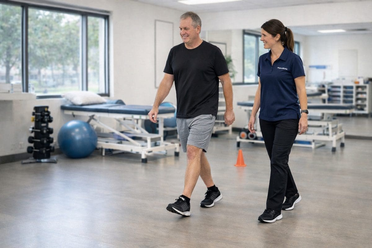 Post fracture physiotherapy recovery walking with physio guidance in clinic