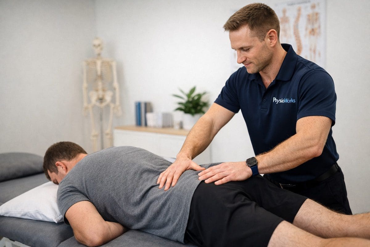 pulled-back-muscle-treatment-physiotherapy pulled back muscle physiotherapy treatment with hands on lower back muscle therapy