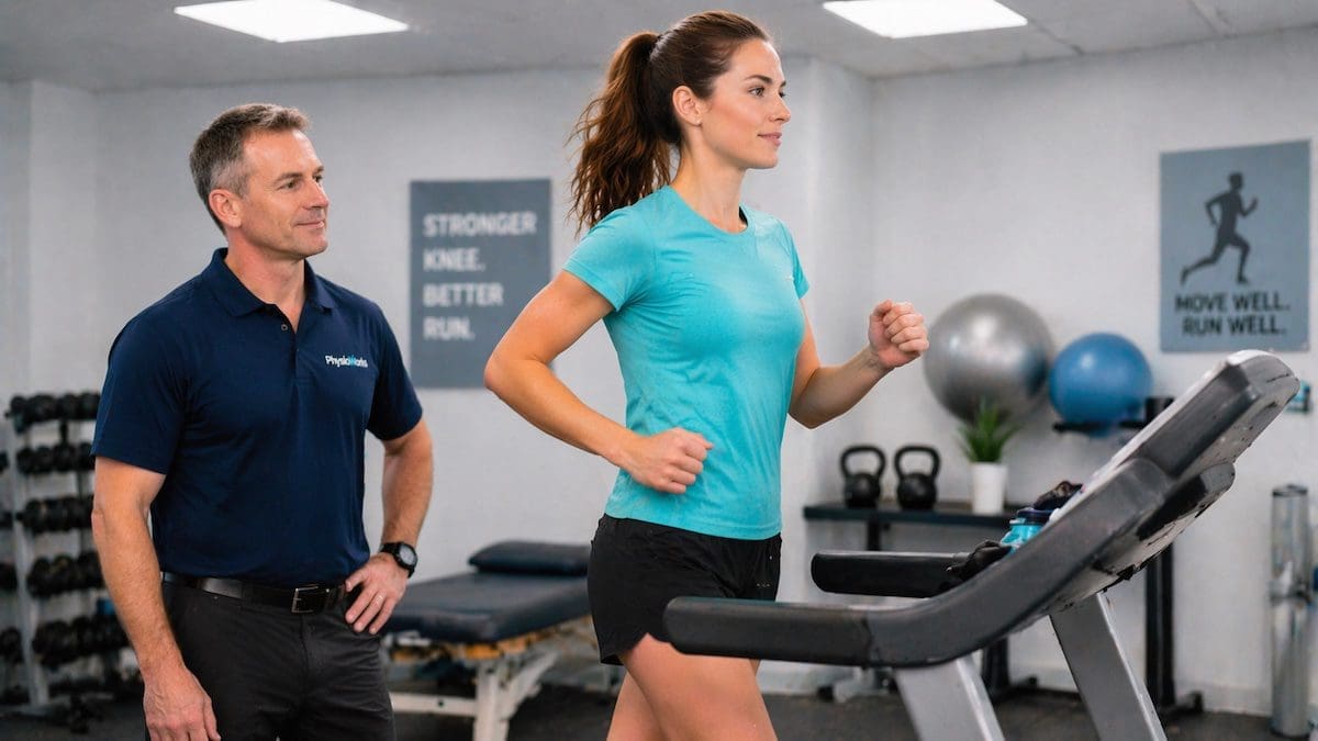 runners-knee-recovery-return-to-running-physiotherapy-brisbane Runner’s knee recovery with physiotherapist guiding pain-free treadmill walk-run progression for patellofemoral pain