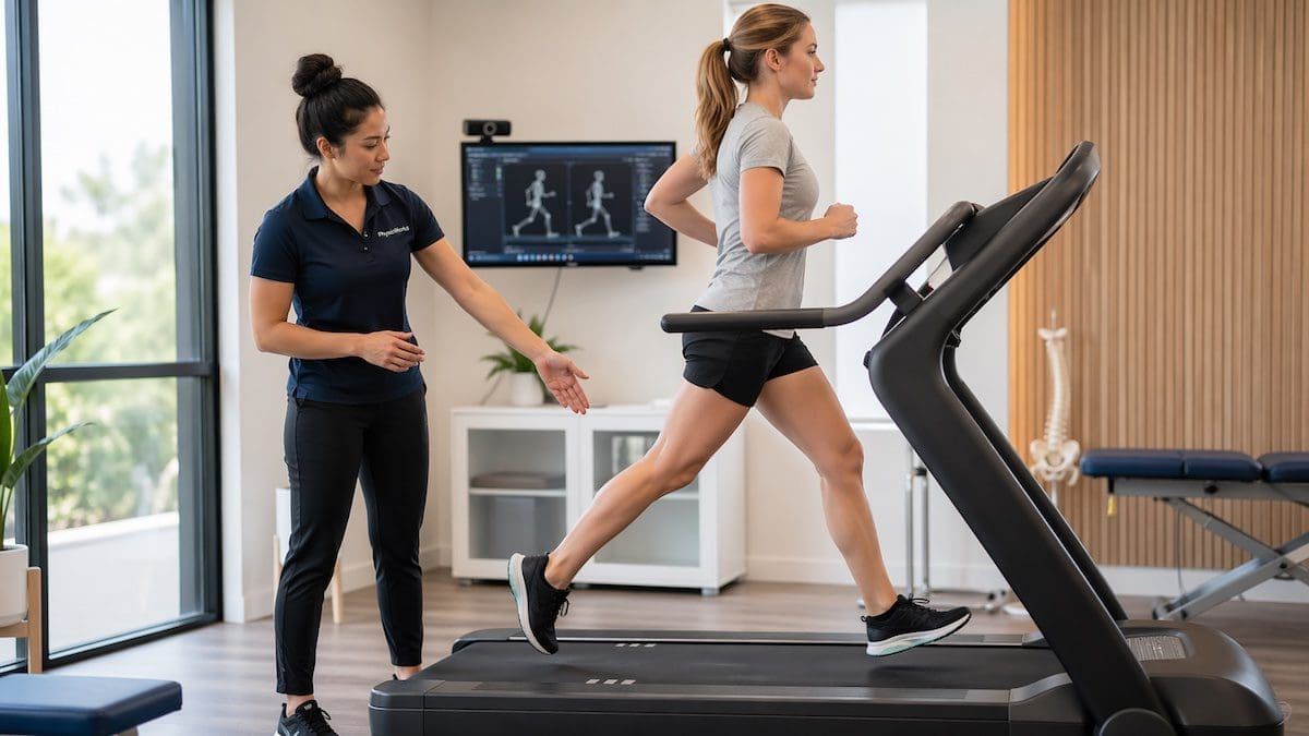 Running efficiency treadmill assessment checking foot strike position and overstriding
