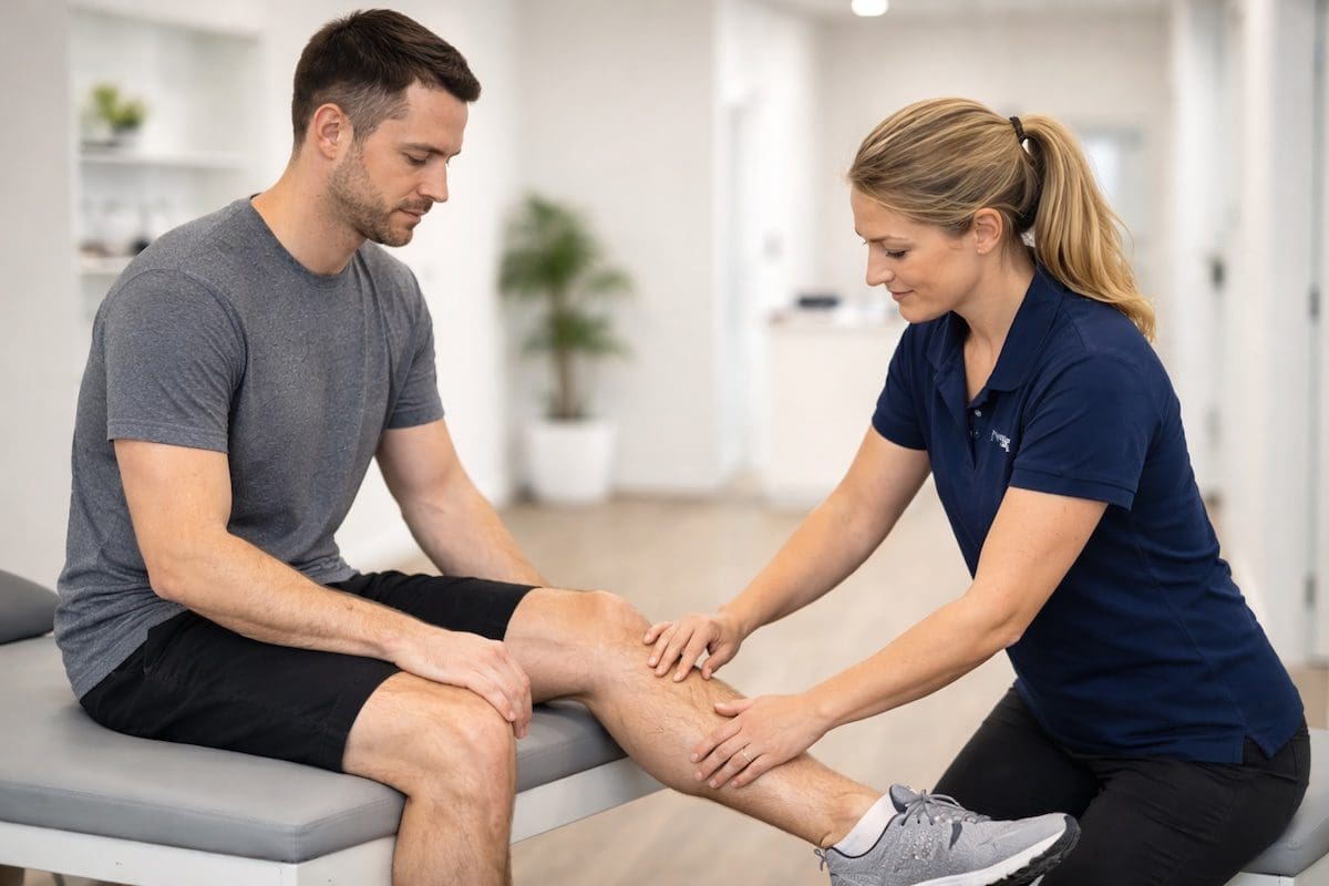 shin-pain-physiotherapy-tibia-palpation-assessment Physiotherapist palpating mid tibia to assess shin pain and tibial stress injury