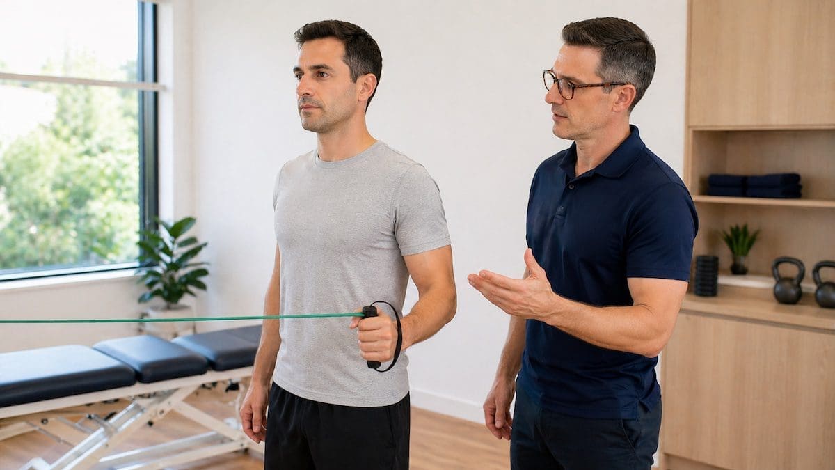 Shoulder pain physiotherapy strengthening exercise with resistance band