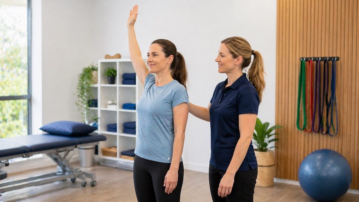 shoulder-pain-recovery-overhead-movement patient lifting arm overhead comfortably after shoulder bursitis treatment