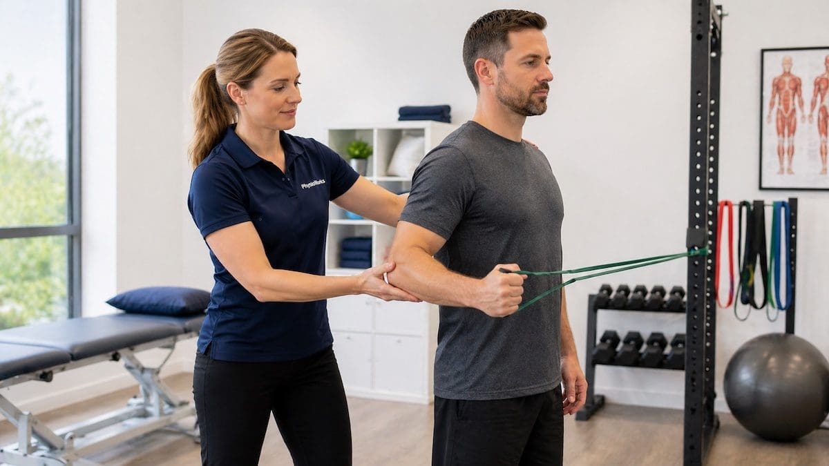 shoulder-rehab-after-cortisone-injection physiotherapist guiding rotator cuff rehab after shoulder cortisone injection