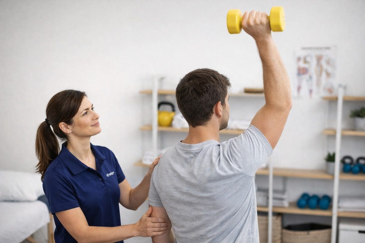 shoulder-rehab-dumbbell-overhead-exercise-physiotherapy-brisbane Physiotherapist supervising overhead dumbbell shoulder exercise to improve strength and control