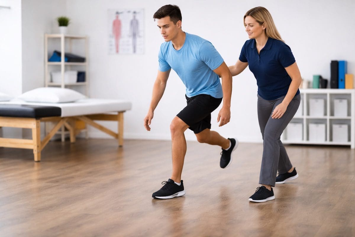 Foot and ankle balance rehabilitation Foot and ankle pain balance exercise with physiotherapist checking control