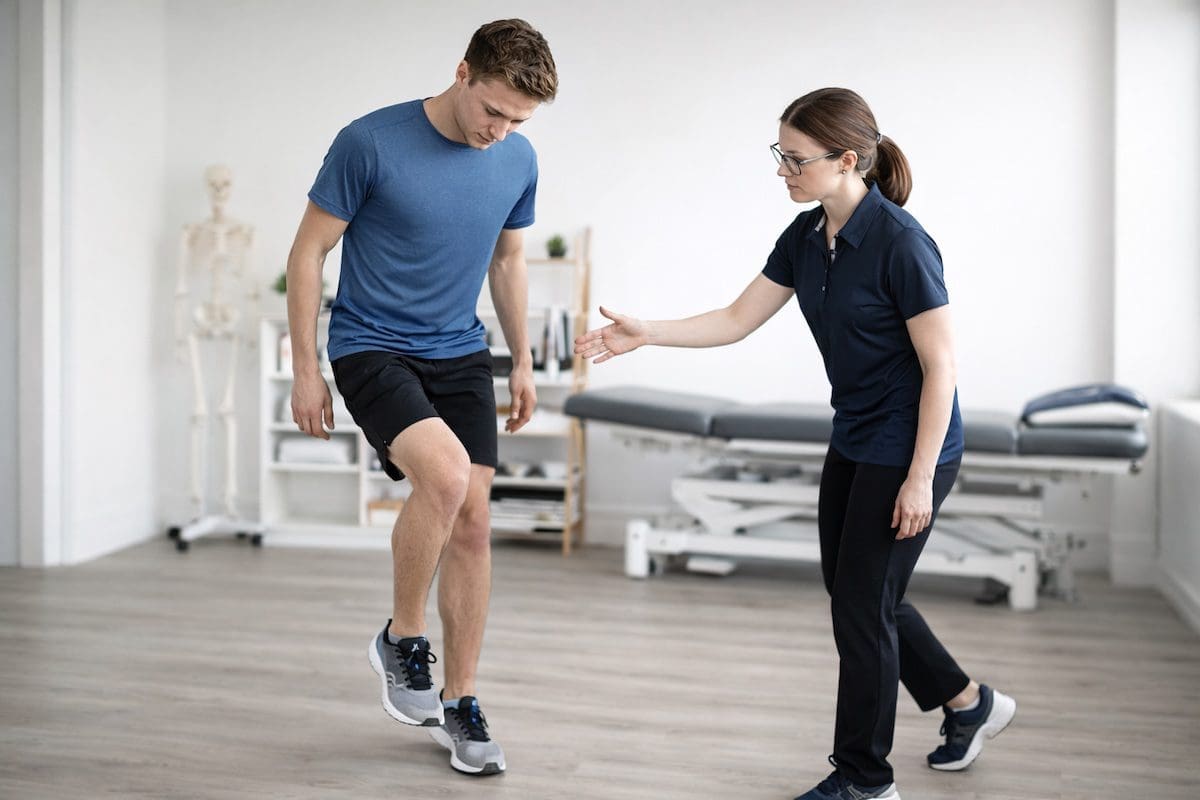 single-leg-stance-physiotherapy-assessment-lower-limb-alignment Lower limb physiotherapy assessment with single-leg stance evaluating knee, shin and foot alignment