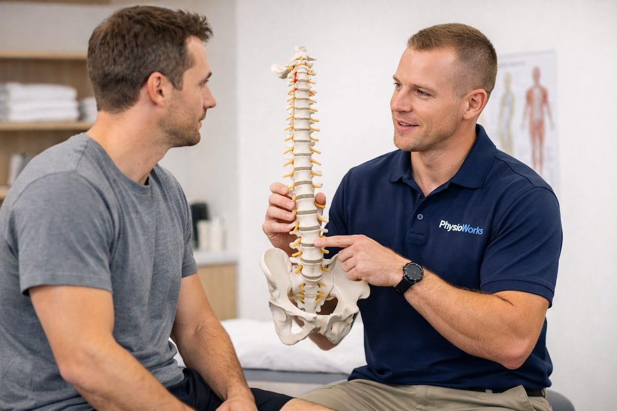 spine-injury-consultation-physiotherapy-brisbane Physiotherapist explaining spine injury using model during consultation in Brisbane clinic