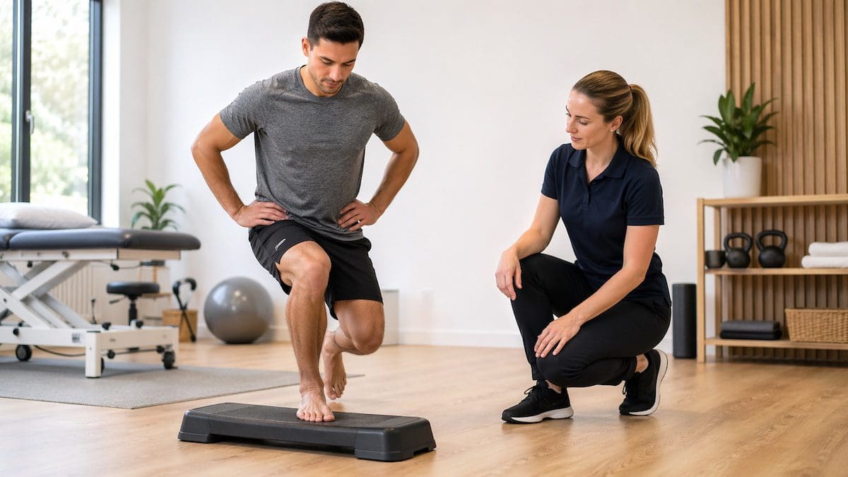 Sports injuries movement screening assessing knee and ankle control with physiotherapist