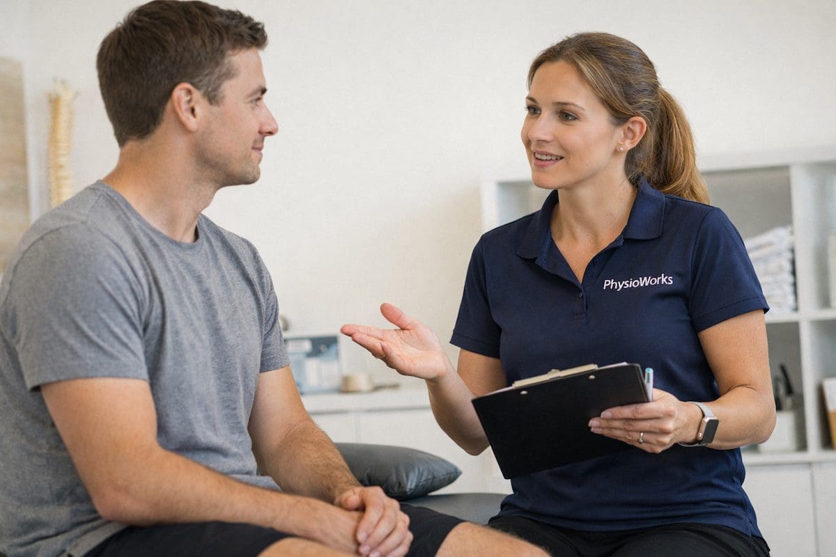 sports-injury-insurance-consultation-physiotherapy Physiotherapist explaining sports injury treatment and insurance options during consultation