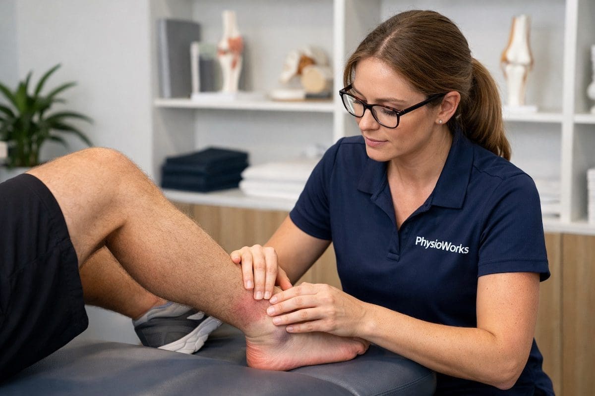 sprained-ankle-physiotherapy-assessment physiotherapist assessing sprained ankle ligaments to guide rehabilitation and recovery