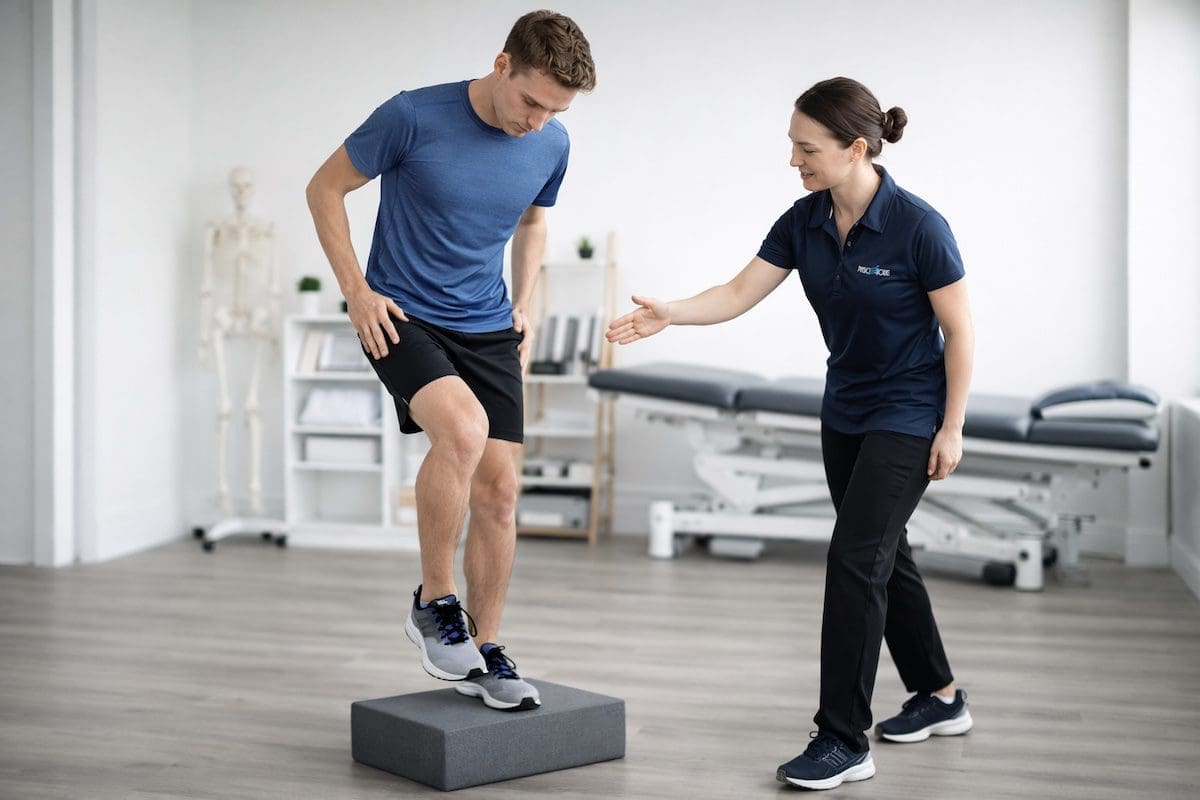step-up-exercise-physiotherapy-lower-limb-rehab-brisbane Physiotherapist guiding step-up exercise for lower limb strength and rehabilitation in clinic