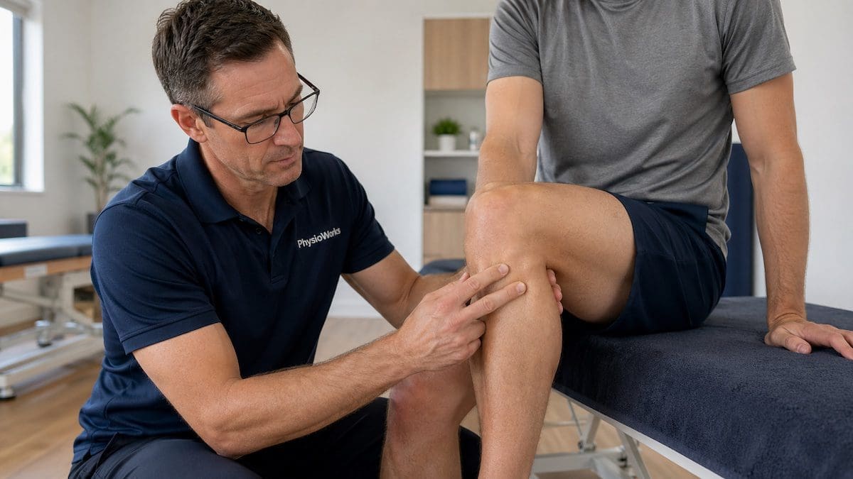 superior-tibiofibular-joint-assessment physiotherapist assessing superior tibiofibular joint at outer knee fibular head