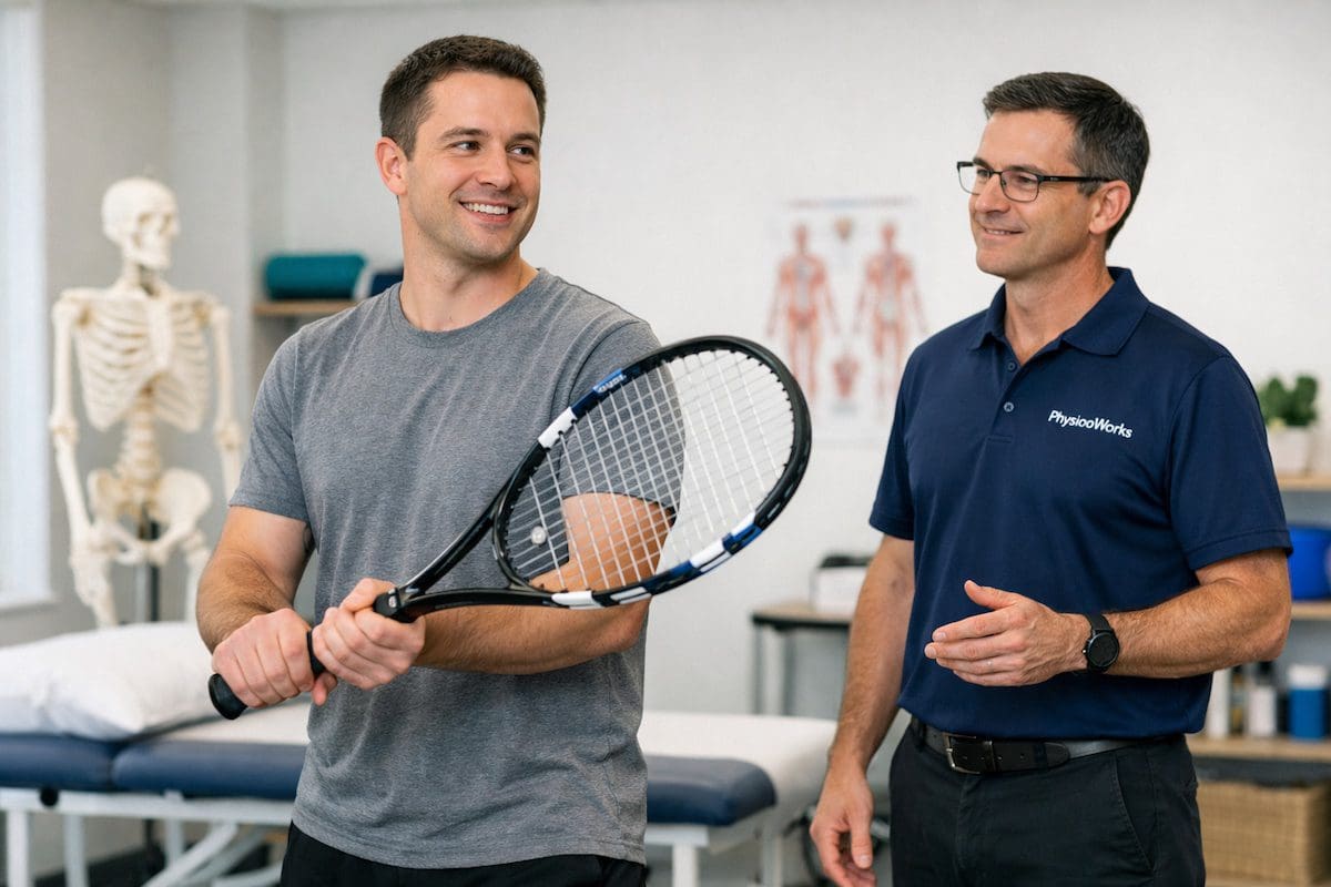 Pain-free tennis racquet grip after tennis elbow physiotherapy recovery