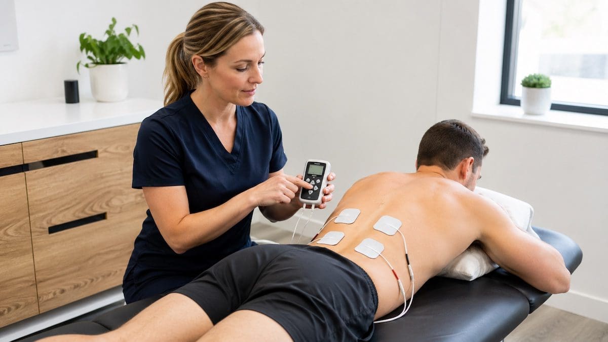 Physiotherapist showing how to use a TENS machine on lower back safely