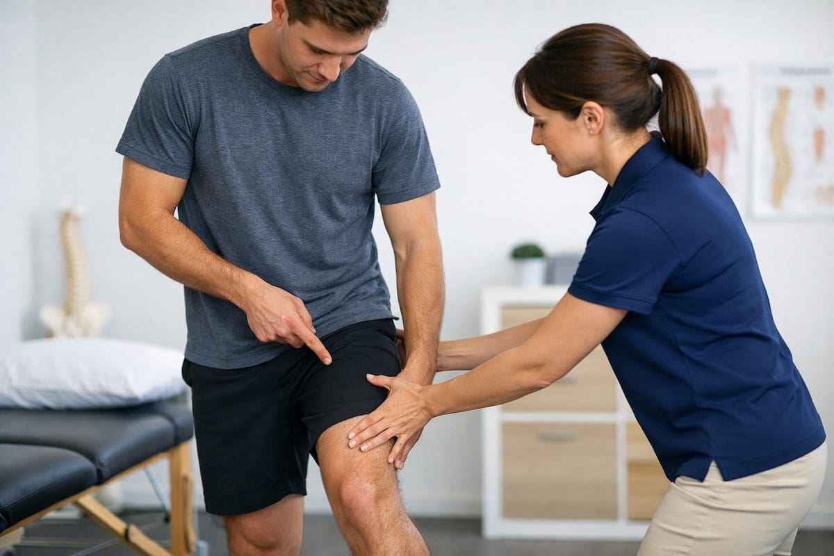 Thigh strain physiotherapy assessment showing localised upper leg pain in a clinic
