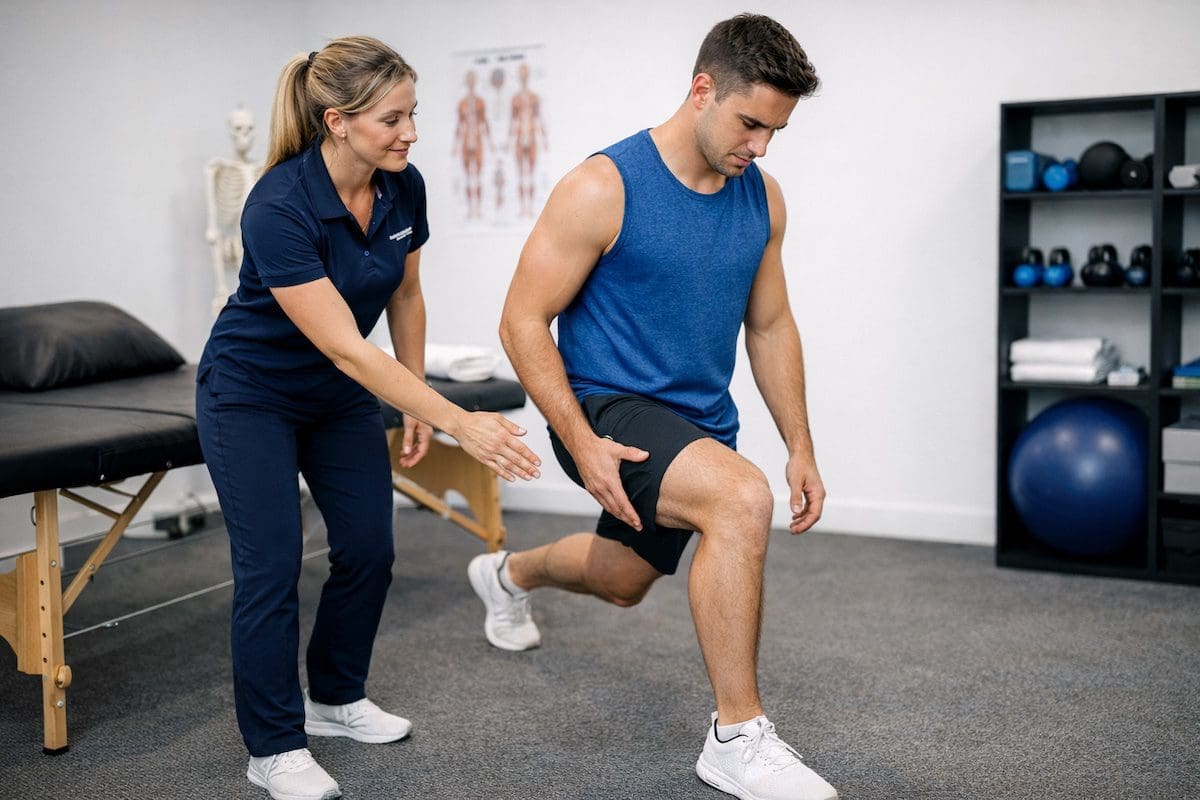 Thigh strain rehabilitation exercise showing controlled lunge strengthening in physiotherapy clinic