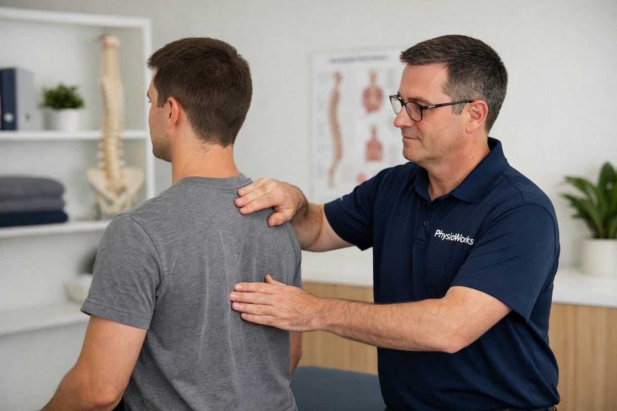 thoracic-spine-posture-assessment-physiotherapy Thoracic spine posture assessment with physiotherapist guiding upper back movement