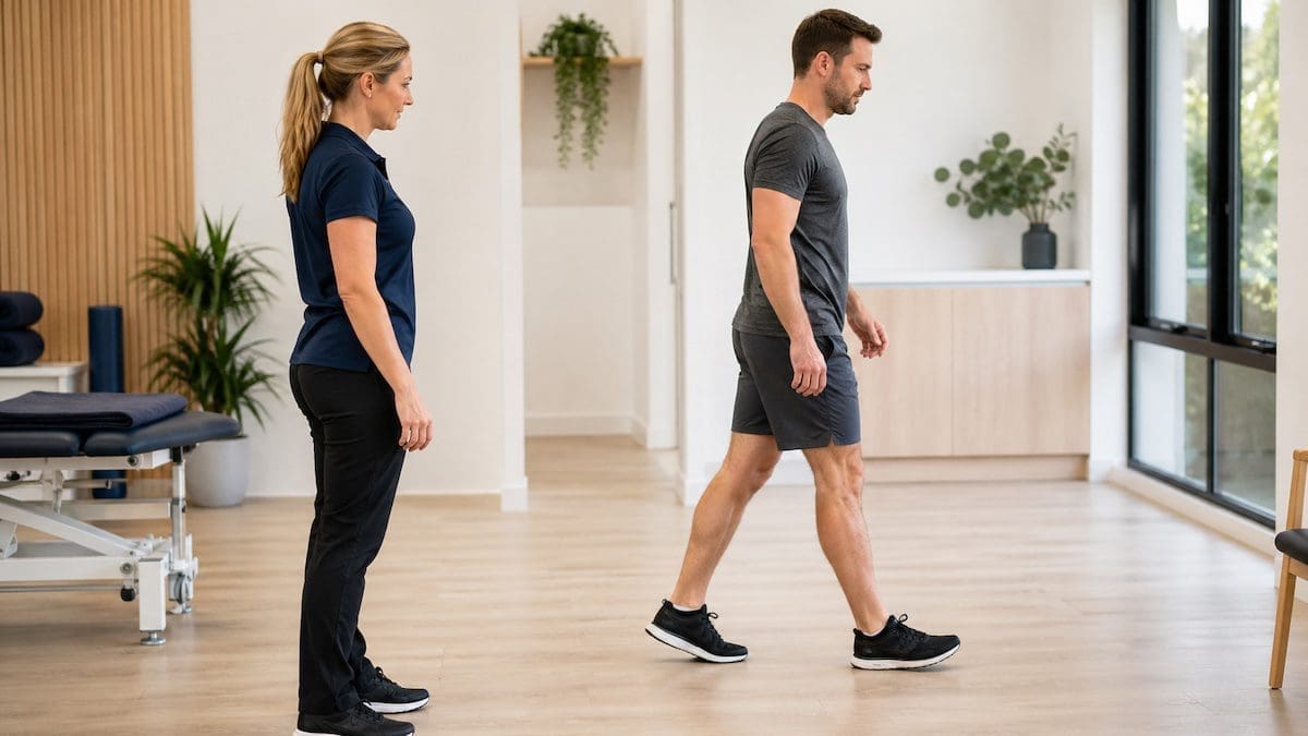 torn-knee-ligament-walking-assessment physiotherapist assessing walking safety with torn knee ligament injury