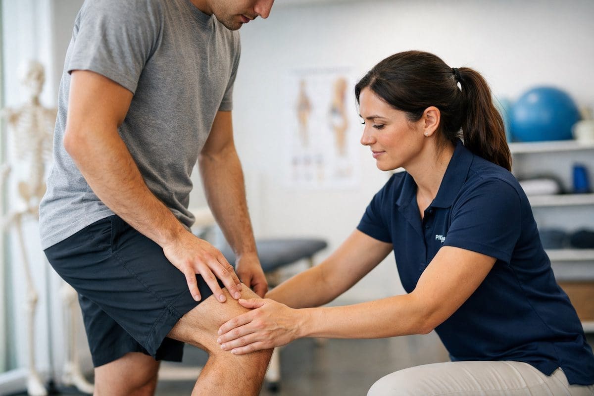 twisting-knee-injury-physio-assessment-brisbane Twisting knee injury assessment with physiotherapist evaluating knee alignment in clinic