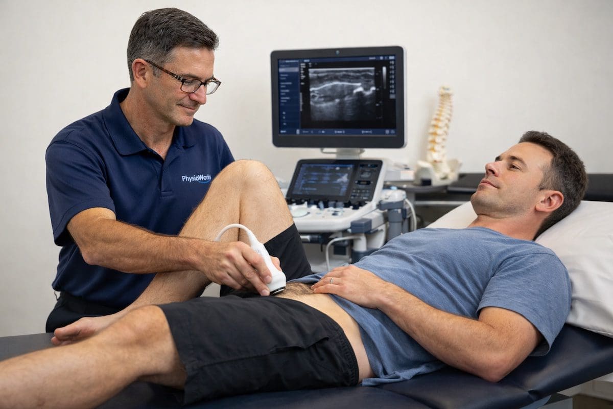 ultrasound-guided-core-control-exercise-lower-back-pain Ultrasound retraining lower back pain exercise with guided deep core activation feedback
