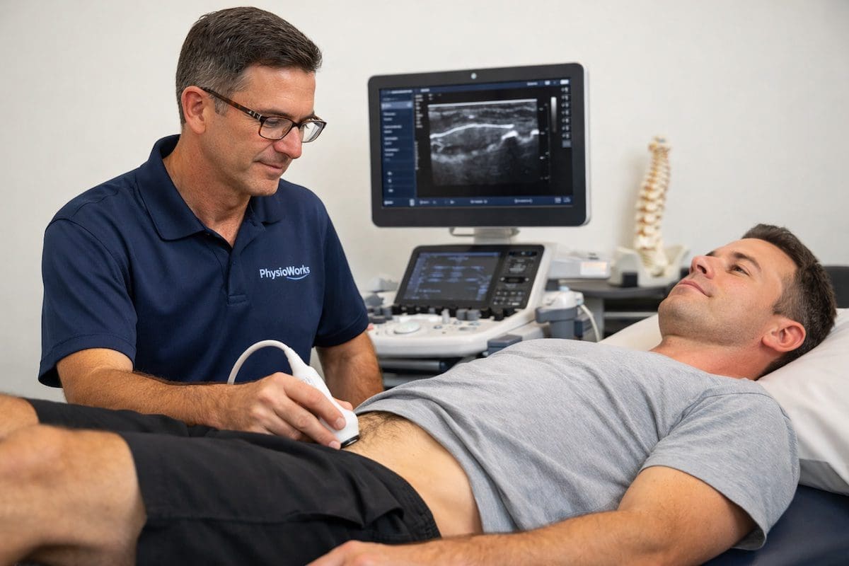 ultrasound-retraining-lower-back-pain-abdominal-feedback-assessmen Ultrasound retraining lower back pain assessment with abdominal muscle feedback in physiotherapy clinic