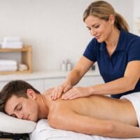 physiotherapist performing upper back massage on patient lying prone in clinic