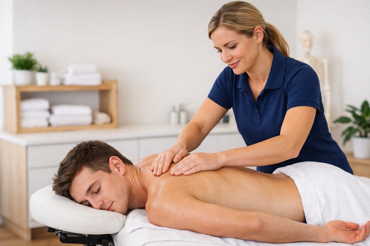 upper-back-massage-physiotherapy-treatment physiotherapist performing upper back massage on patient lying prone in clinic