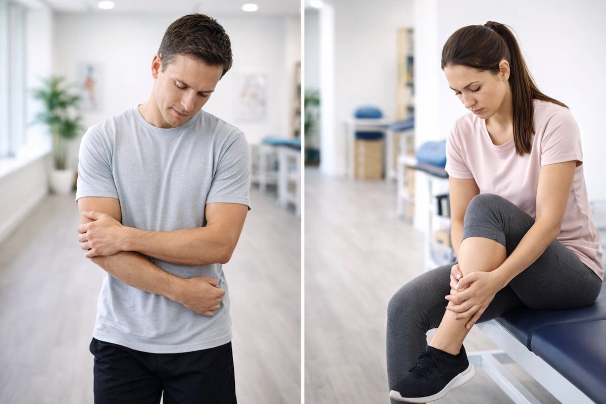 young-adult-limb-pain-injury-clinic Young adult holding lower leg with mild pain after injury in physiotherapy clinic