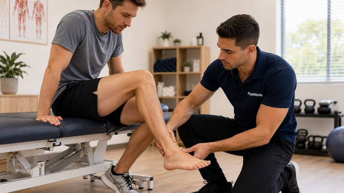 achilles-tendinopathy-physiotherapy-assessment Physiotherapist assessing Achilles tendon pain during Achilles tendinopathy examination