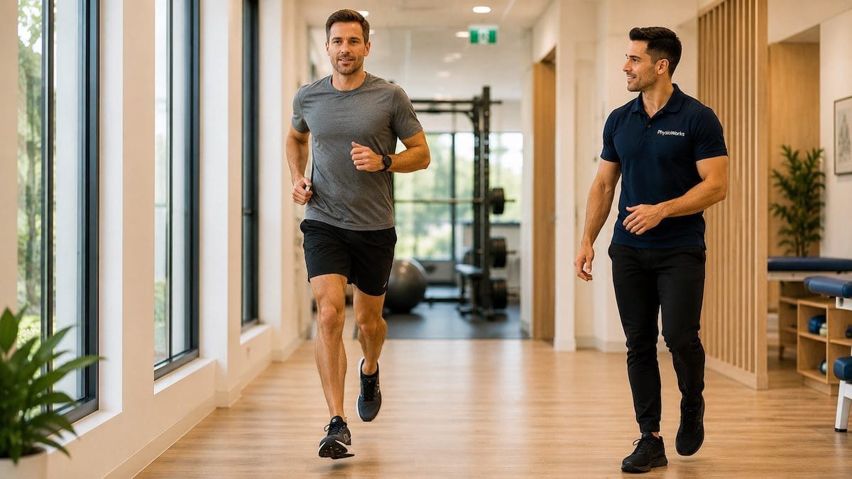 achilles-tendinopathy-return-to-running-rehab Achilles tendinopathy rehabilitation jogging progression supervised by physiotherapist