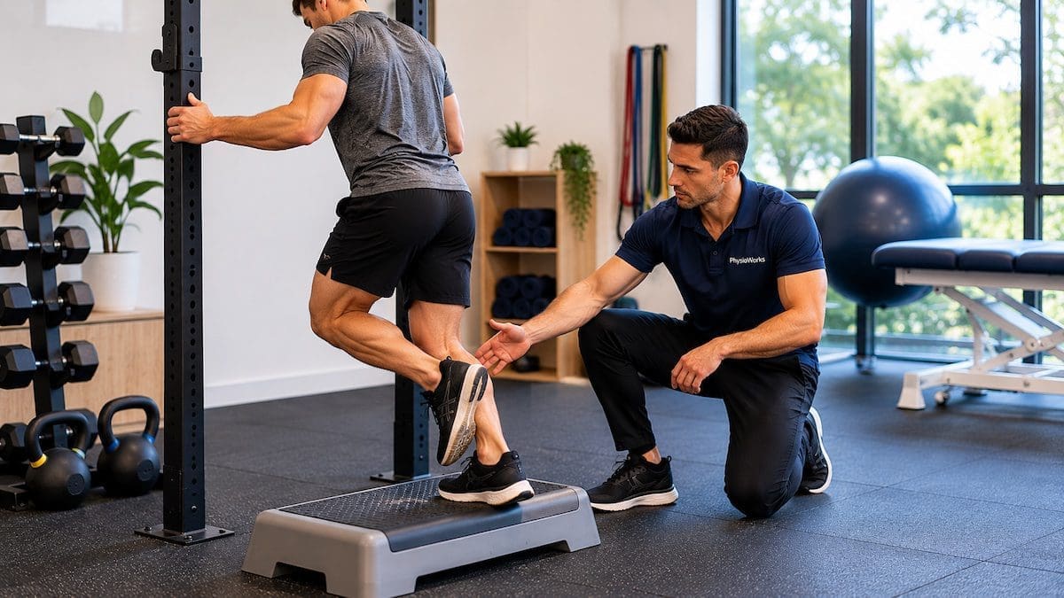 achilles-tendon-calf-raise-rehabilitation Single-leg calf raise exercise for Achilles tendinopathy rehabilitation