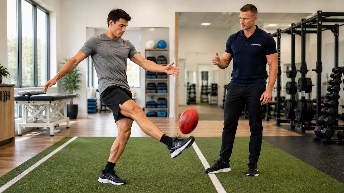 AFL injuries return to kicking drill supervised by sports physiotherapist