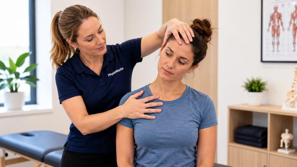 physiotherapist assessing neck and shoulder movement linked to arm pain