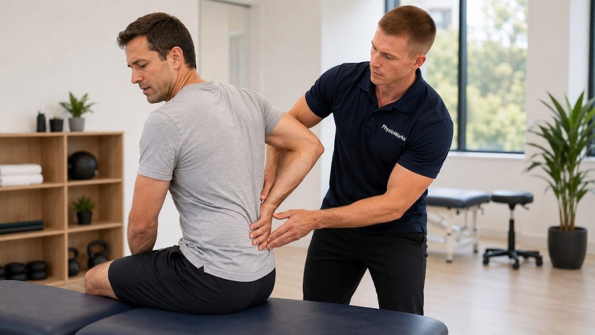 Back pain physiotherapy lumbar spine movement assessment with seated patient