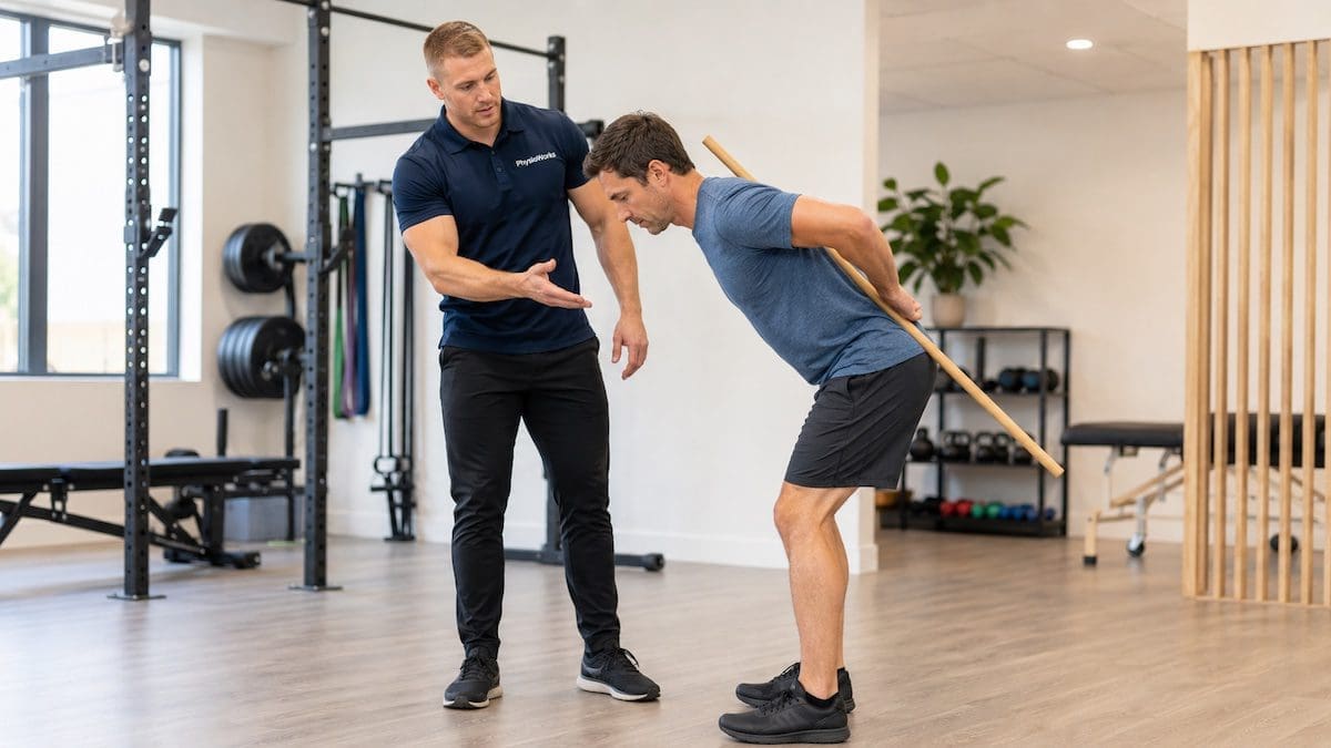 Back pain physiotherapy lumbar spine hip hinge retraining exercise