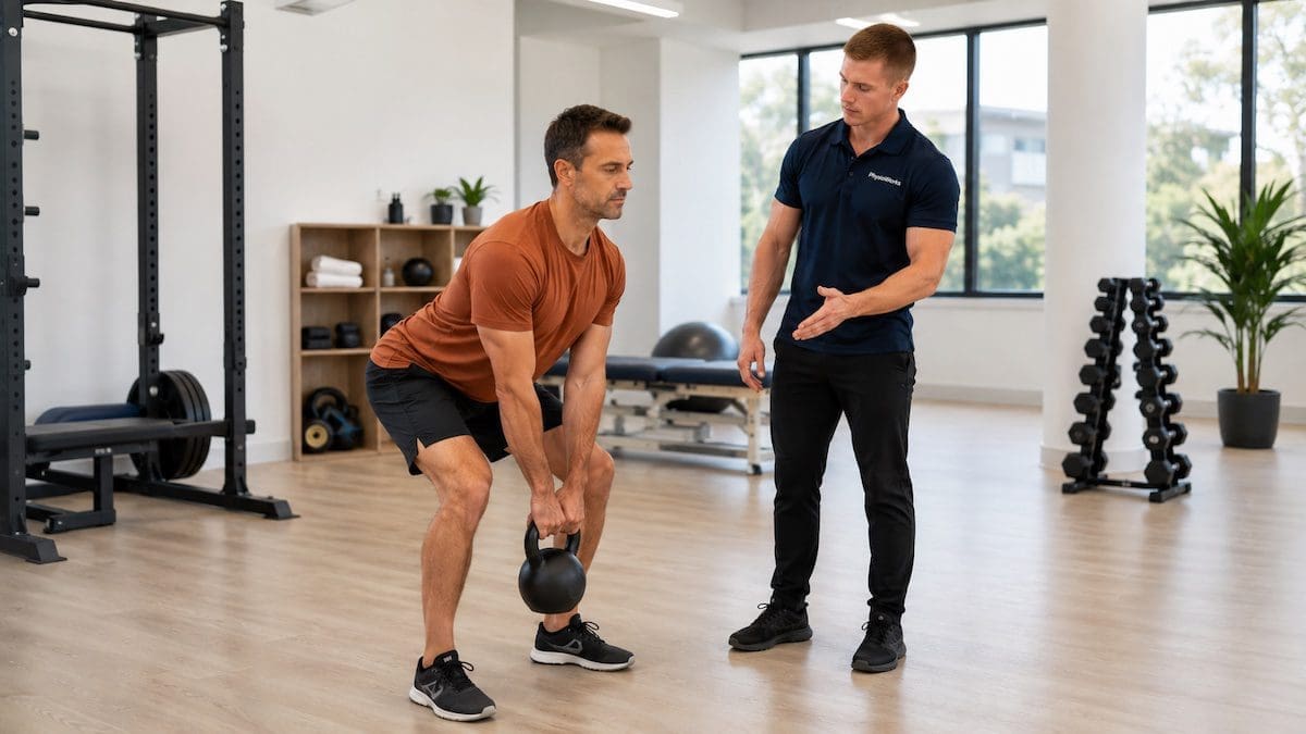 Back pain physiotherapy lumbar spine lifting retraining with physiotherapist