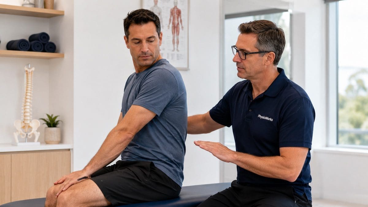 back-pain-physiotherapy-seated-lumbar-movement-assessment Back pain physiotherapy assessment during seated lumbar movement testing