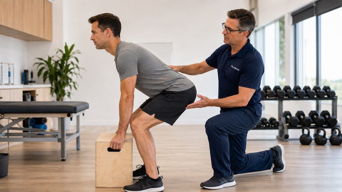 back-pain-safe-lifting-hip-hinge-physiotherapy Safe lifting technique for back pain using hip hinge in physiotherapy clinic