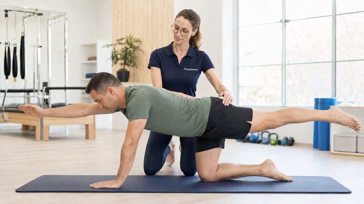 core-stability-exercises-lumbar-spine-bird-dog-progression Core stability exercises coaching lumbar spine control during bird-dog progression